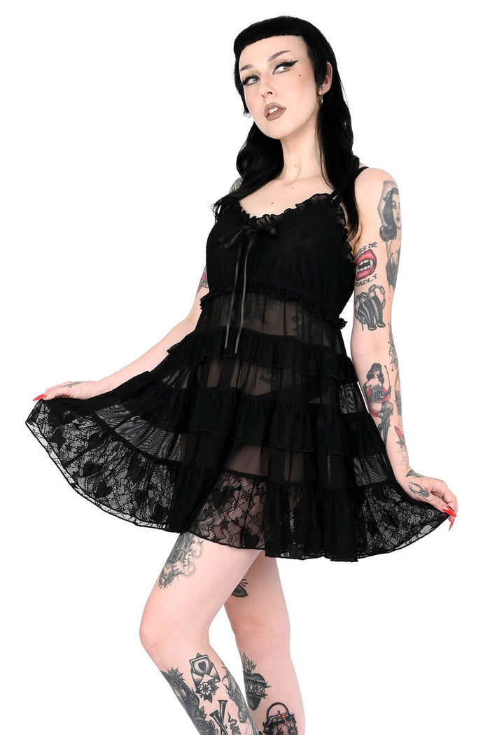 dark cottagecore sheer babydoll dress for women