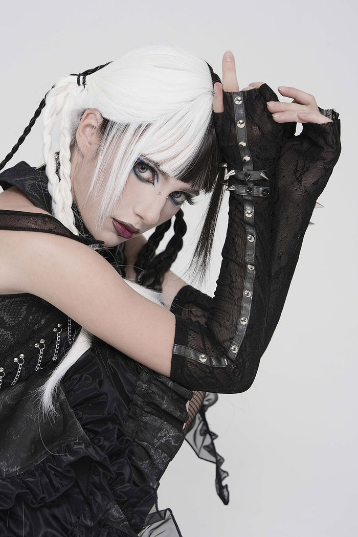 black mesh studded fingerless spiked long gloves