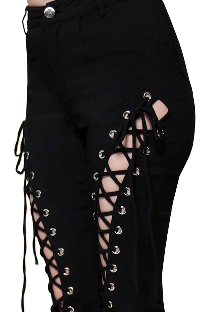 womens lace up flared black pants