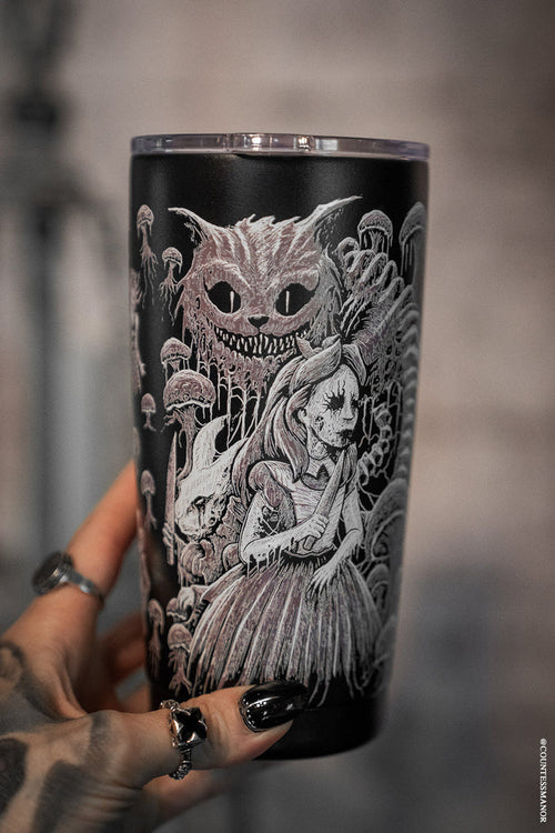 creepy gothic cheshire cat travel mug