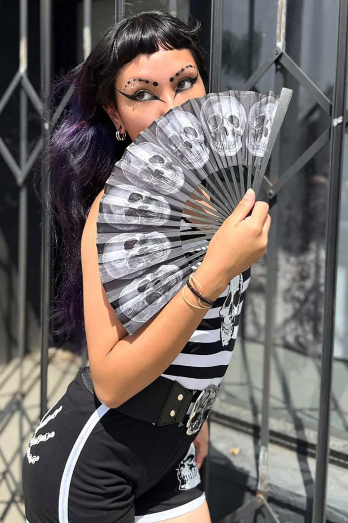 rockabilly gothic skull printed hand fan