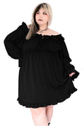 Womens black dress with ruffle neckline, sleeves and trim with an adjustable tie front
