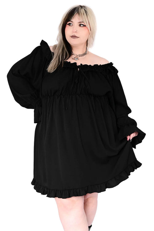 Womens black dress with ruffle neckline, sleeves and trim with an adjustable tie front