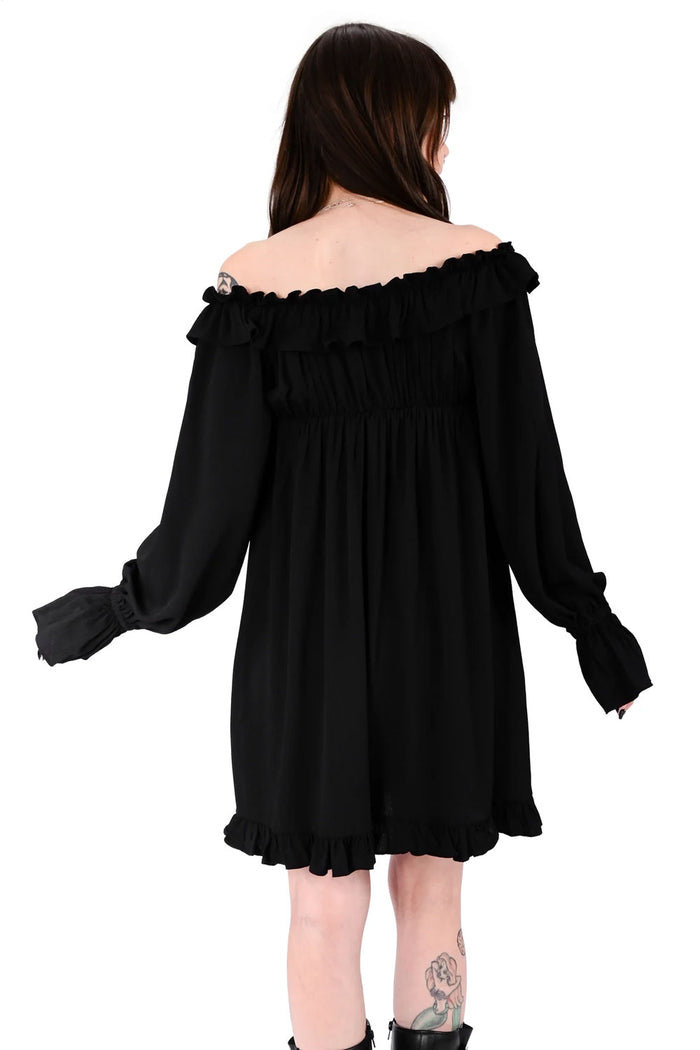 goth fashion long sleeve black dress with ruffle trim