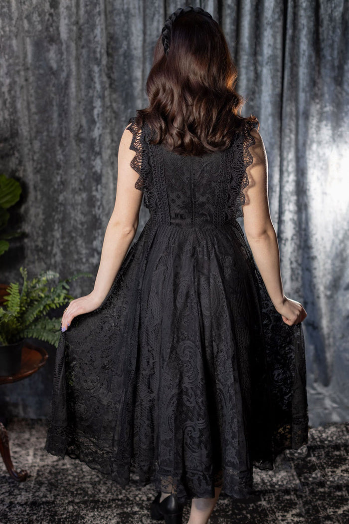 high waisted sleeveless black gothic lace dress