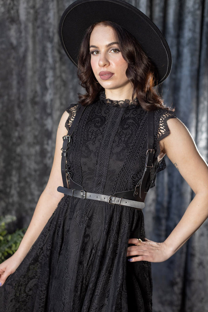 sleeveless black gothic lace dress