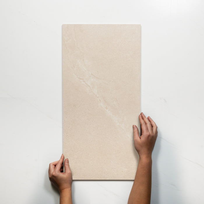 Single With Hand Ardenne Beige Travertine Look Porcelain Tile P4 300×600mm TURBE3 - The Blue Space