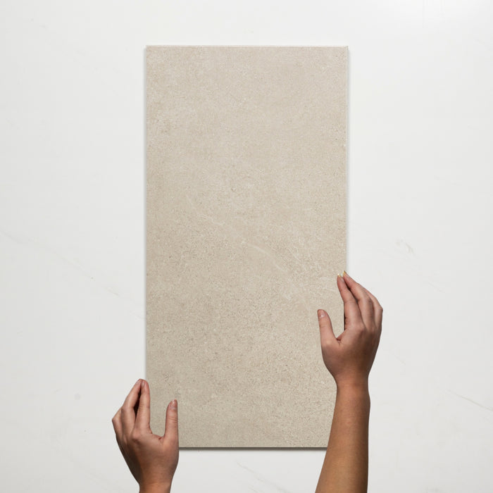 Single With Hand Ardenne Grey Travertine Look Porcelain Tile P4 300×600mm TURGR3 - The Blue Space