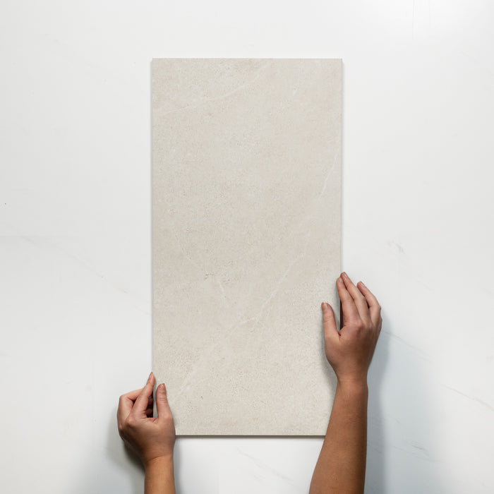 Single With Hand Ardenne Ivory Travertine Look Porcelain Tile P4 300×600mm TURIV3 - The Blue Space