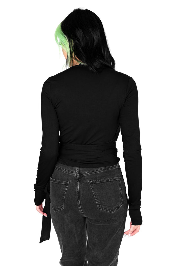womens black wrap top with thumbholes and side ties