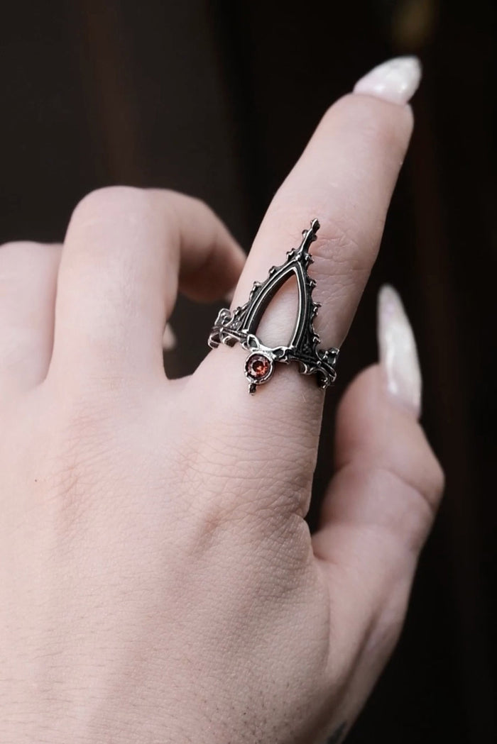 gothic cathedral steel ring with gemstone