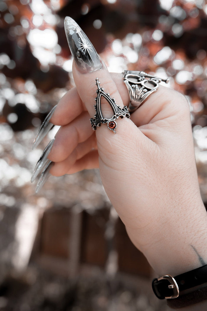red cubic zirconia gothic cathedral steel ring