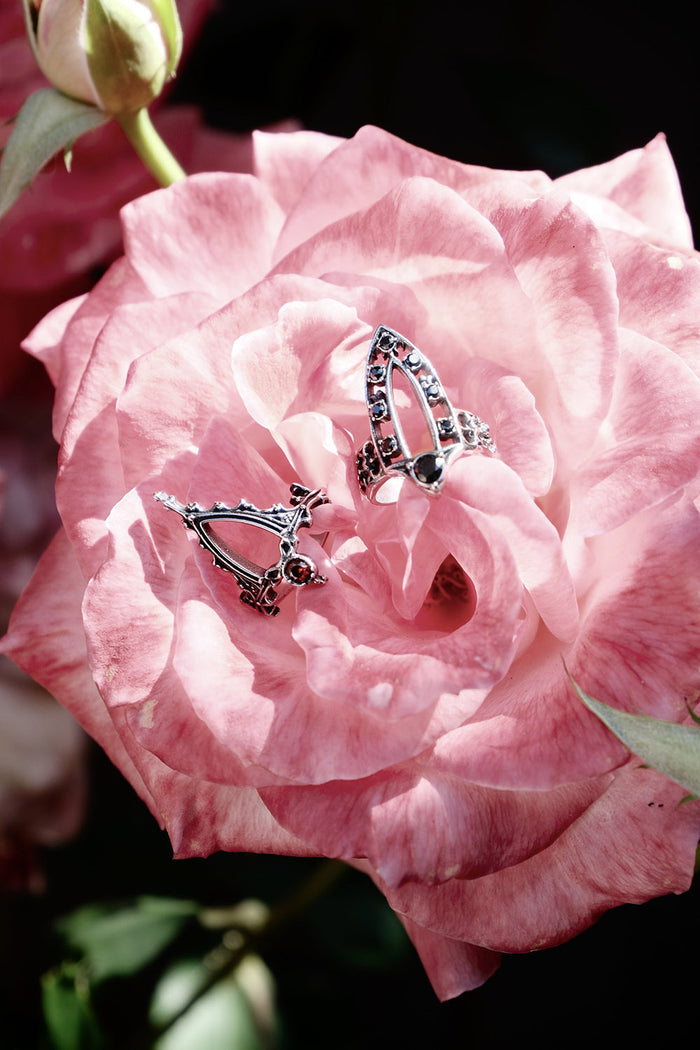 vintage inspired red cubic zirconia gothic cathedral steel ring and black stone ring