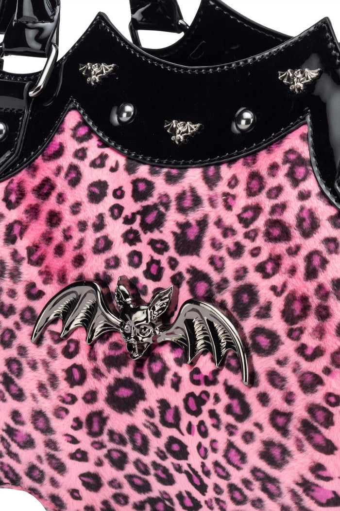 pink leopard handbag with bat stud