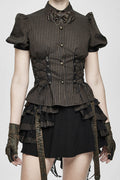 lace-up short sleeve button-up brown and black striped vintage inspired top
