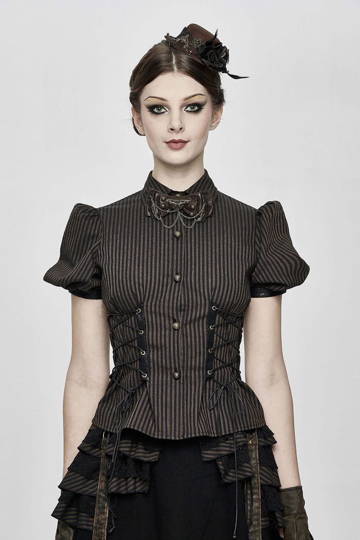 short sleeve button-up brown and black striped vintage inspired top