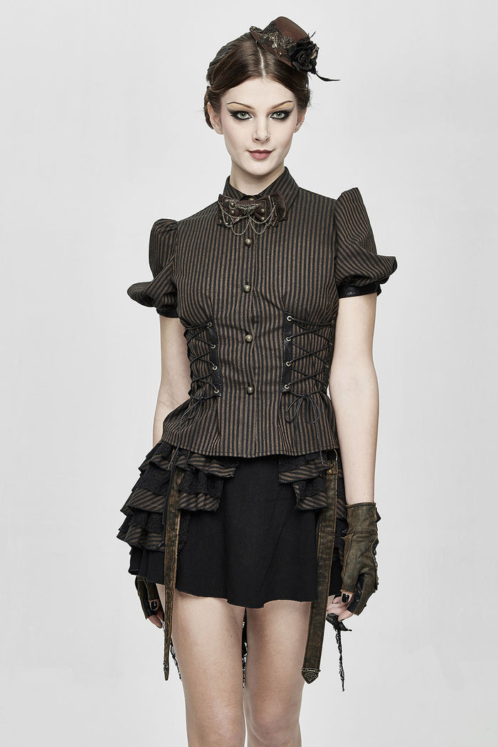 steampunk short sleeve button-up brown and black striped vintage inspired top