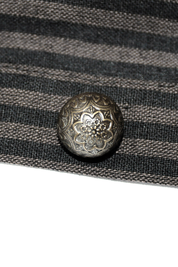 ornate buttoned short sleeve button-up brown and black striped vintage inspired top