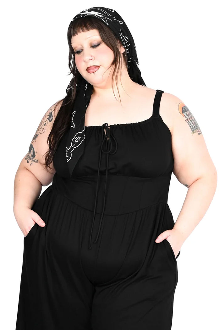 Plus size jumpsuit with pockets and drawstring keyhole top