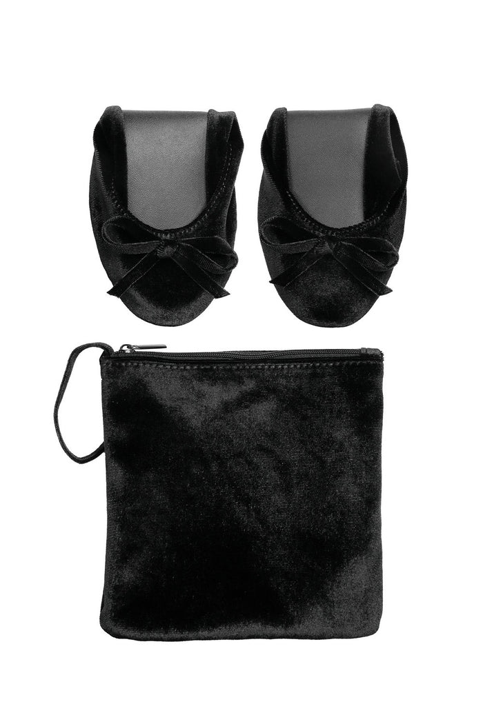 black velvet fold-up flats for dancing and foxblood black matching bag