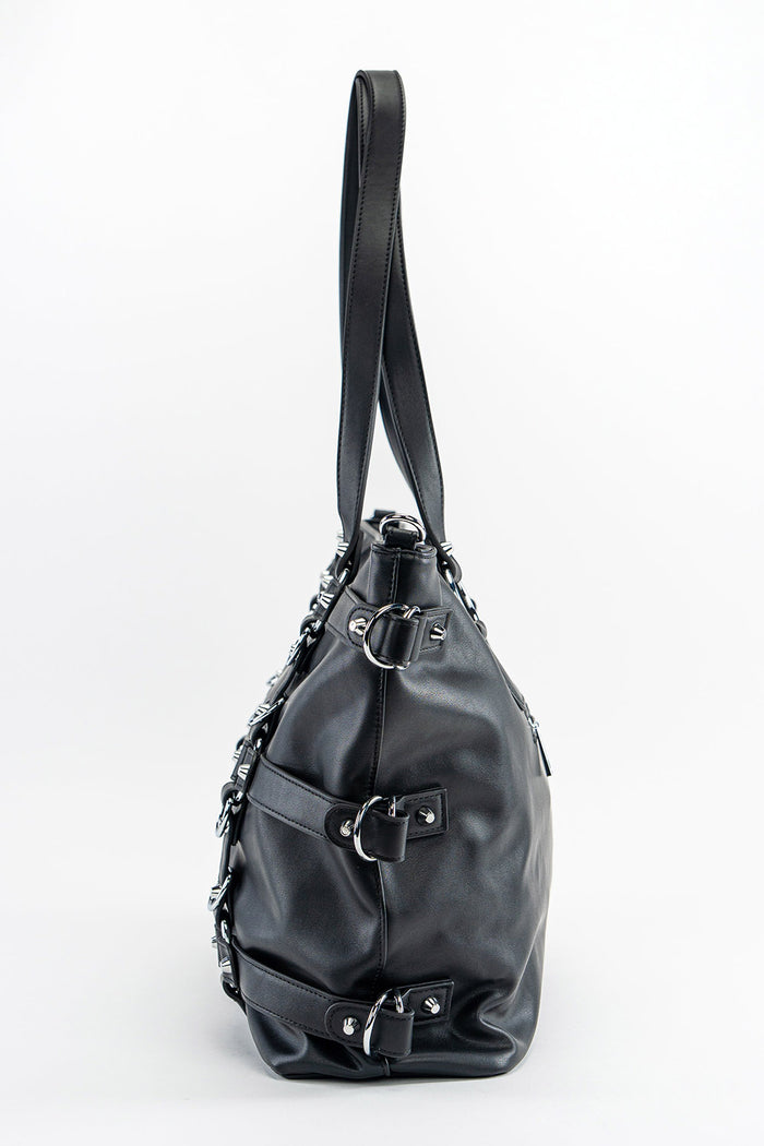 womens black punk rock studded large tote bag
