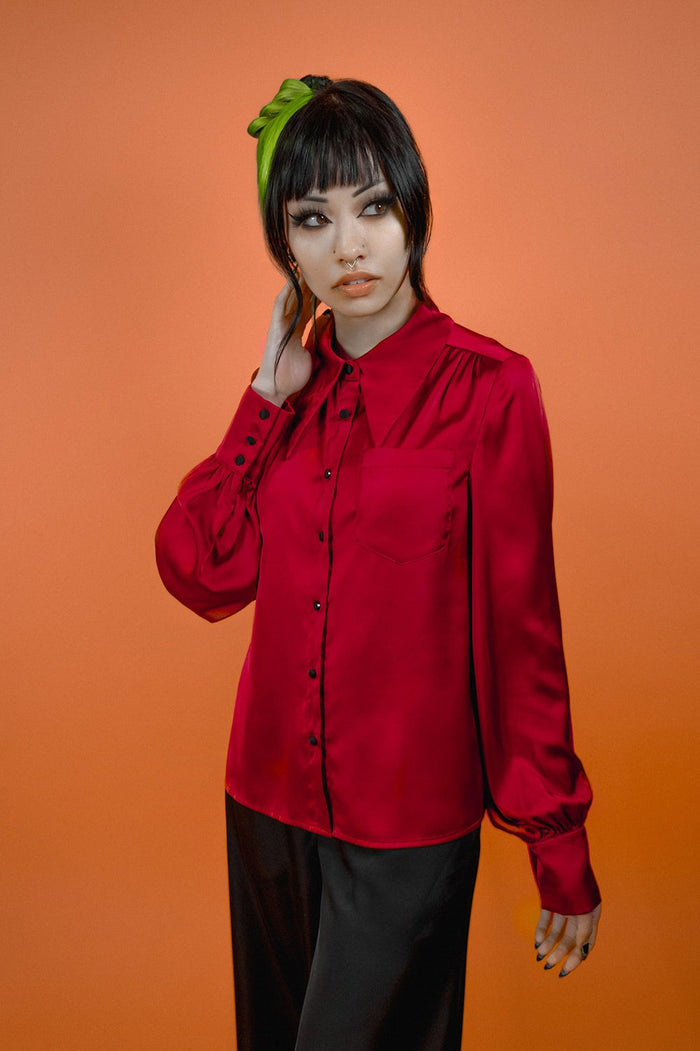 red womens satin gothic top by lively ghosts