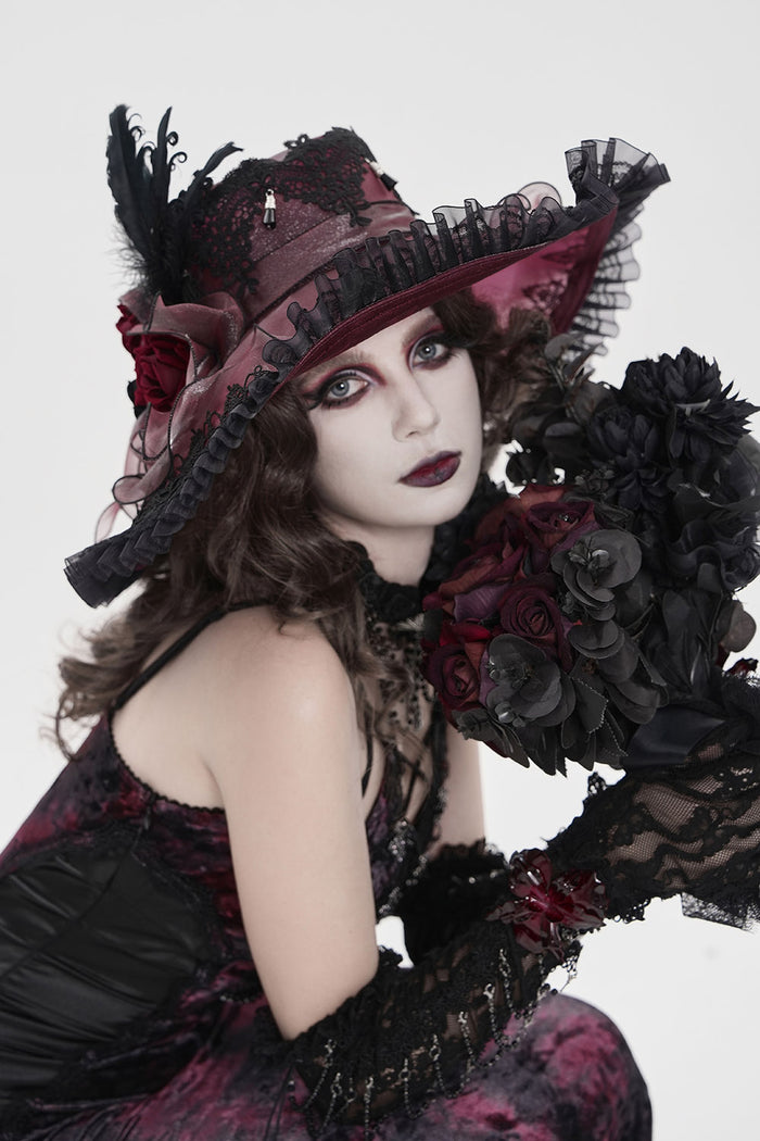 feathered red and black victorian goth hat