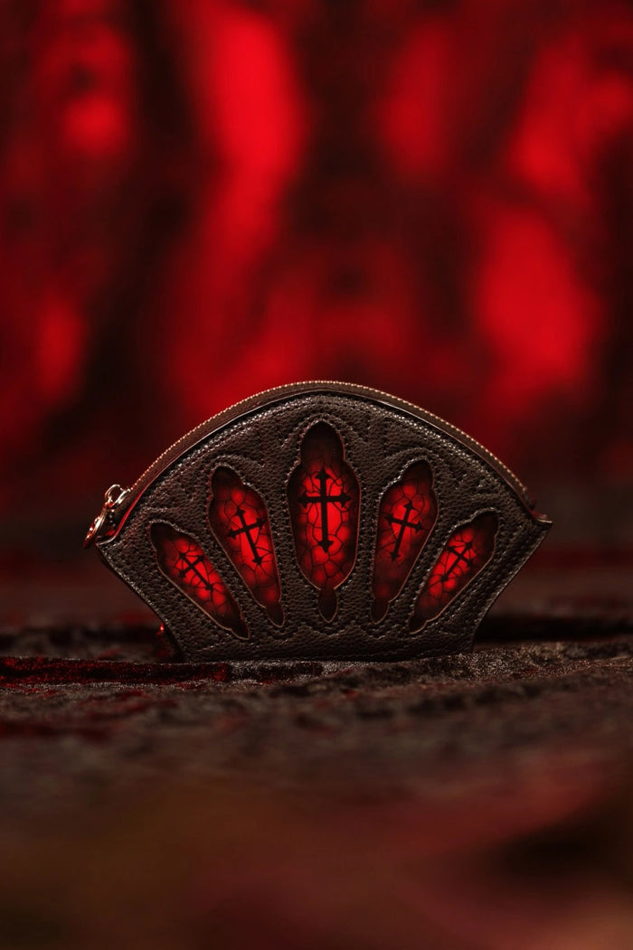 black vegan leather gothic cathedral wallet with gothic crosses