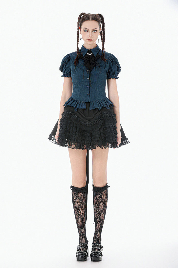 womens kawaii puffed sleeve dark blue blouse