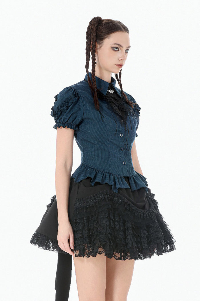 puffed sleeve dark blue blouse