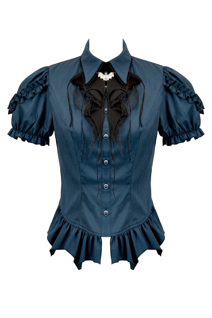 button up puffed sleeve dark blue blouse