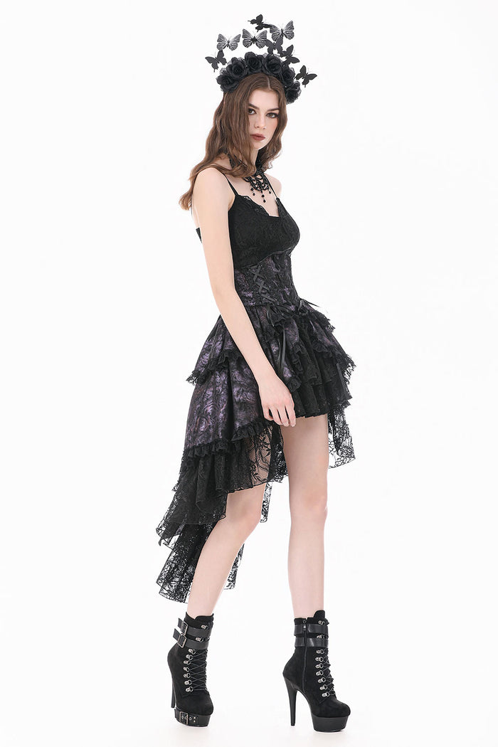 Model wearing goth fashion purple and black lace skirt