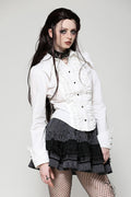 white slim fit ruffled romantic long sleeve button-down top by dark in love