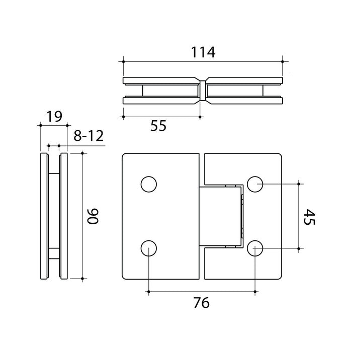 Technical Drawing Caroma Glass to Glass Shower Door Hinge Brushed Nickel 14228016BN - The Blue Space