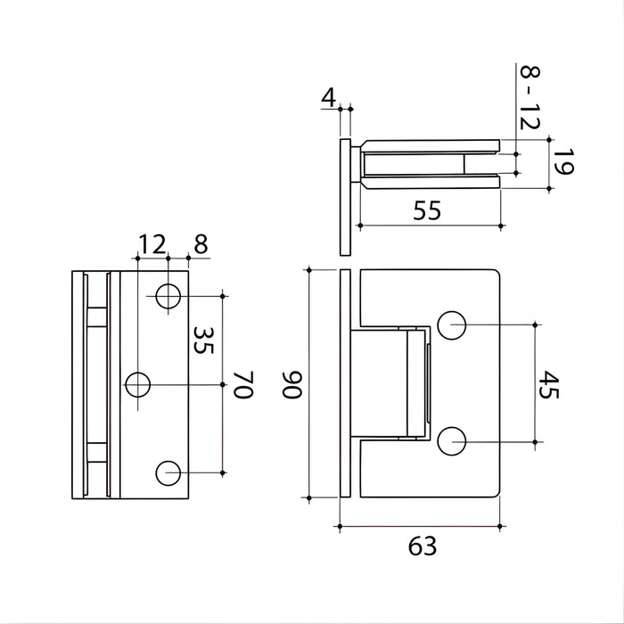 Technical Drawing Caroma Glass to Wall Shower Door Hinge Brushed Brass 14228004BB - The Blue Space
