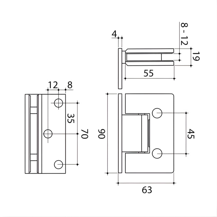 Technical Drawing Caroma Glass to Wall Shower Door Hinge Polished Stainless Steel 14228004PSS - The Blue Space