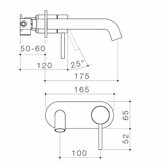 Technical Drawing Caroma Liano II 175mm Wall Basin/Bath Mixer Round Plate - Brushed Bronze - Full Kit 96345BBZ6AF - The Blue Space