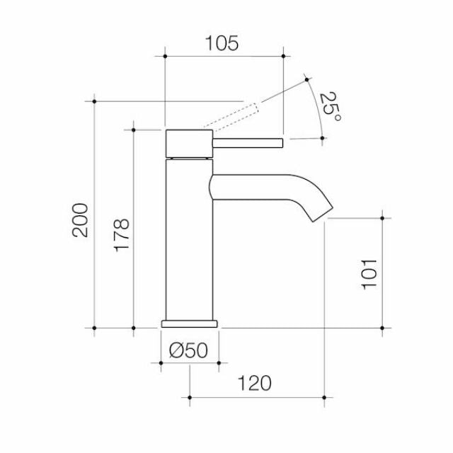 Technical Drawing Caroma Liano II Basin Mixer  - Brushed Bronze 96341BBZ6AF - The Blue Space