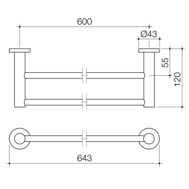 Technical Drawing Caroma Liano II Double Towel Rail 640mm - Brushed Nickel 96447BN - The Blue Space
