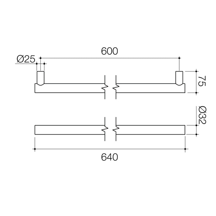 Technical Drawing Caroma Liano II Heated Towel Rail - Horizontal - Brushed Brass 11225049BB - The Blue Space