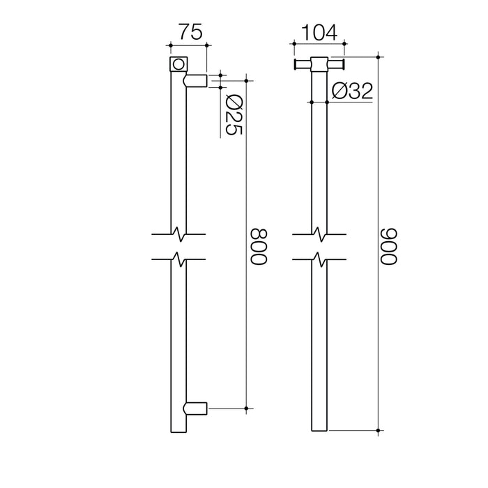 Technical Drawing Caroma Liano II Heated Towel Rail - Vertical - Brushed Bronze 11225050BBZ - The Blue Space