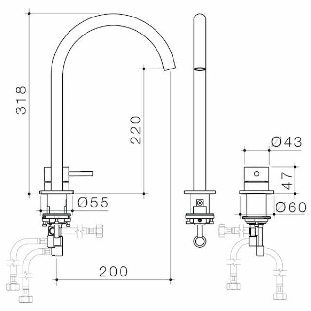 Technical Drawing Caroma Liano II Hob Basin/Sink Mixer Set 200mm - Matte Black 96405B65A - The Blue Space