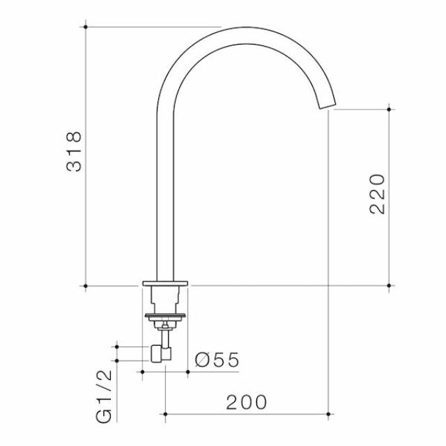 Technical Drawing Caroma Liano II Hob Swivel Outlet 200mm - Gunmetal 96401GM65A - The Blue Space