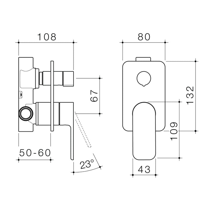 Technical Drawing Caroma Luna II Bath/Shower Mixer with Diverter - Satin Black 68202BL - The Blue Space