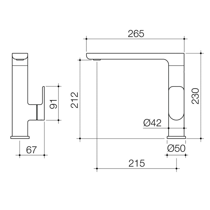 Technical Drawing Caroma Luna II Sink Mixer - Satin Black 68208BL56AF - The Blue Space