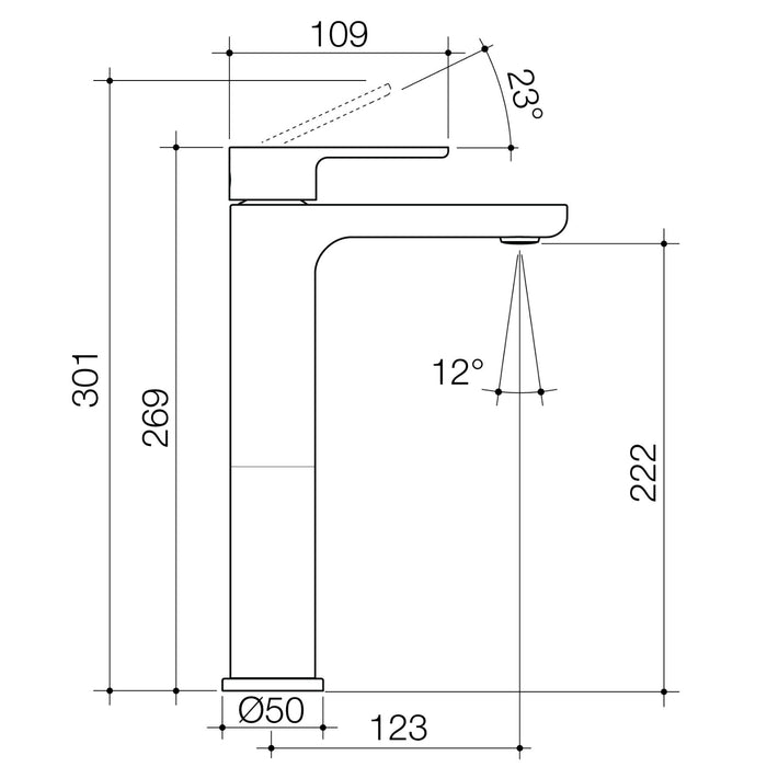 Technical Drawing Caroma Luna II Tower Basin Mixer - Brushed Brass 68200BB6AF - The Blue Space