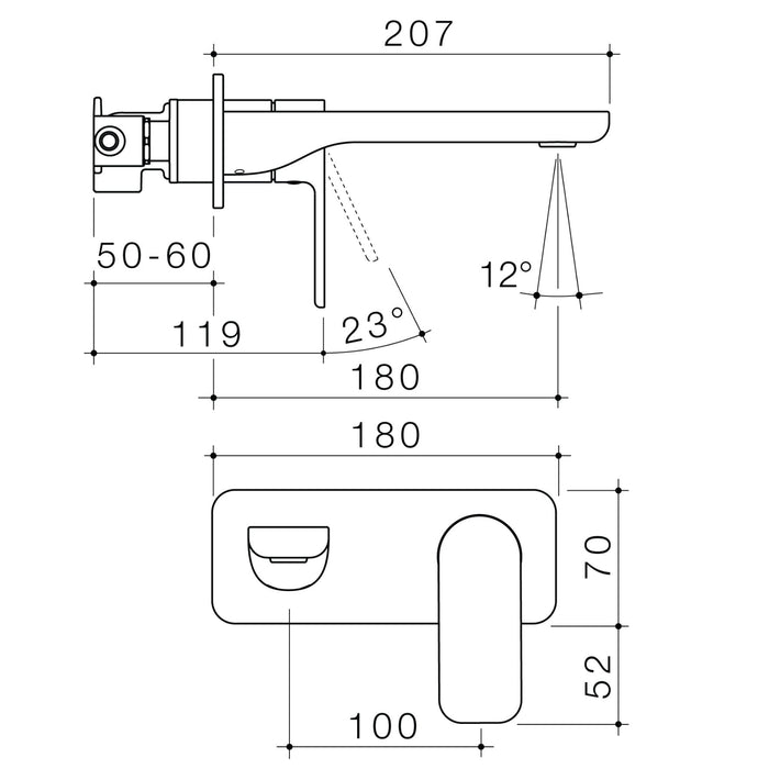 Technical Drawing Caroma Luna II Wall Basin/Bath Mixer 180mm - Brushed Nickel 68203BN6AF - The Blue Space