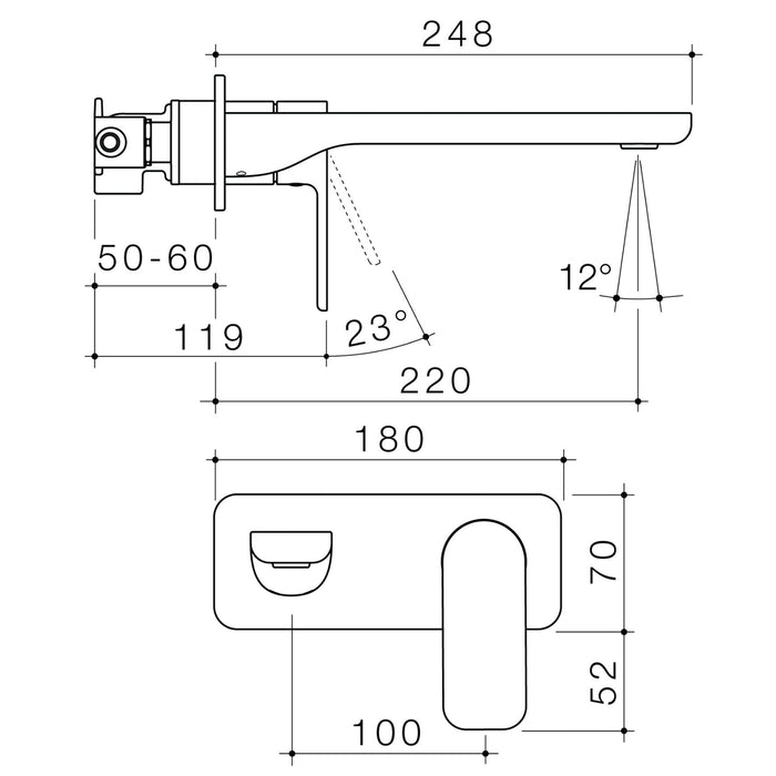 Technical Drawing Caroma Luna II Wall Basin/Bath Mixer 220mm - Satin Black 68204BL6AF - The Blue Space