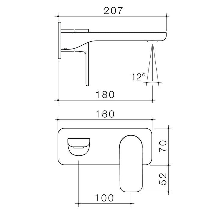 Technical Drawing Caroma Luna II Wall Basin/Bath Mixer Trim Kit 180mm - Brushed Brass 68211BB6AF - The Blue Space