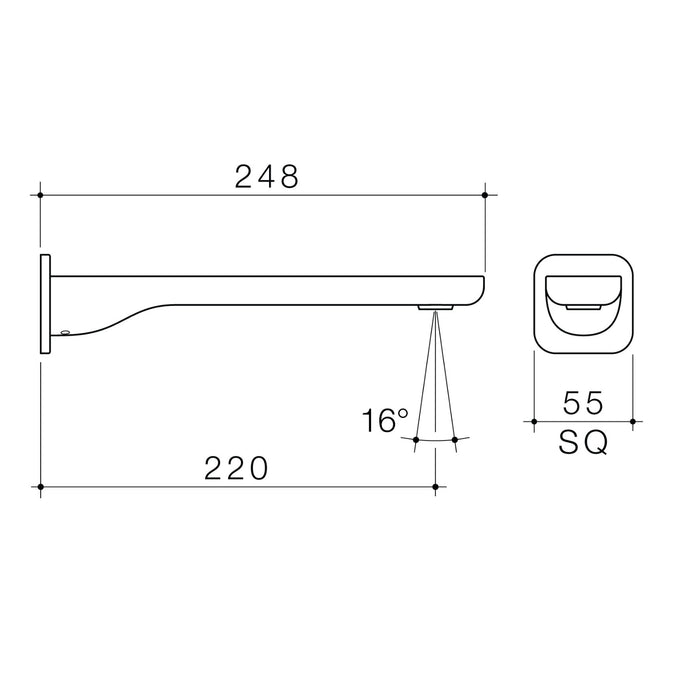 Technical Drawing Caroma Luna II Wall Basin/Bath Outlet 220mm - Satin Black 68206BL6AF - The Blue Space